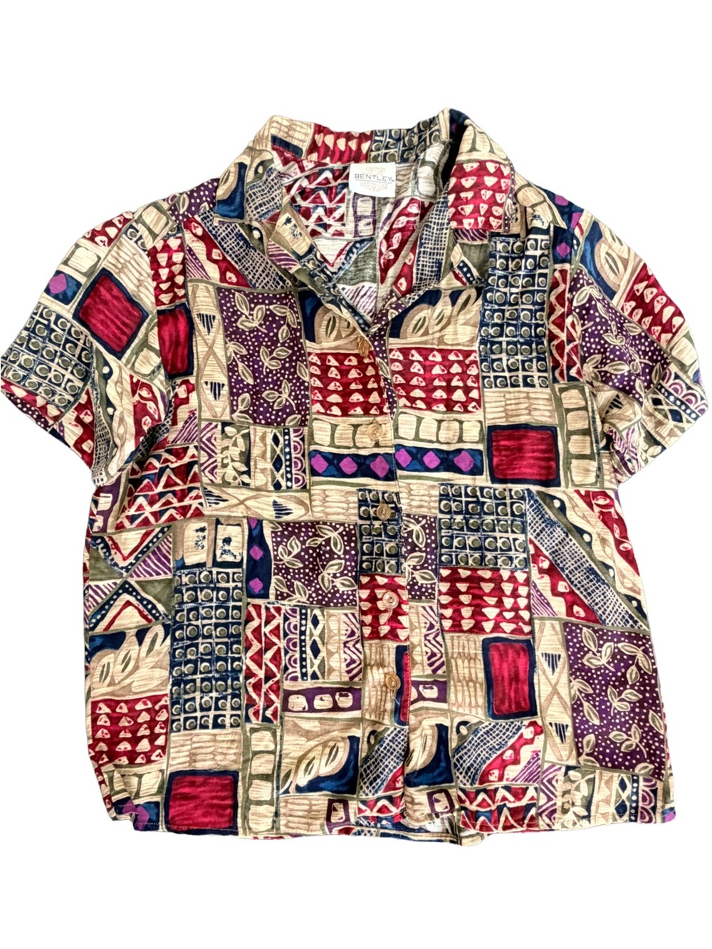 Vintage Bentley Patchwork Multi-Patterned Button Down Camp Shirt Medium 80s